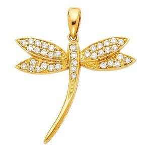 14K Yellow gold CZ Dragonfly Pendant Charm